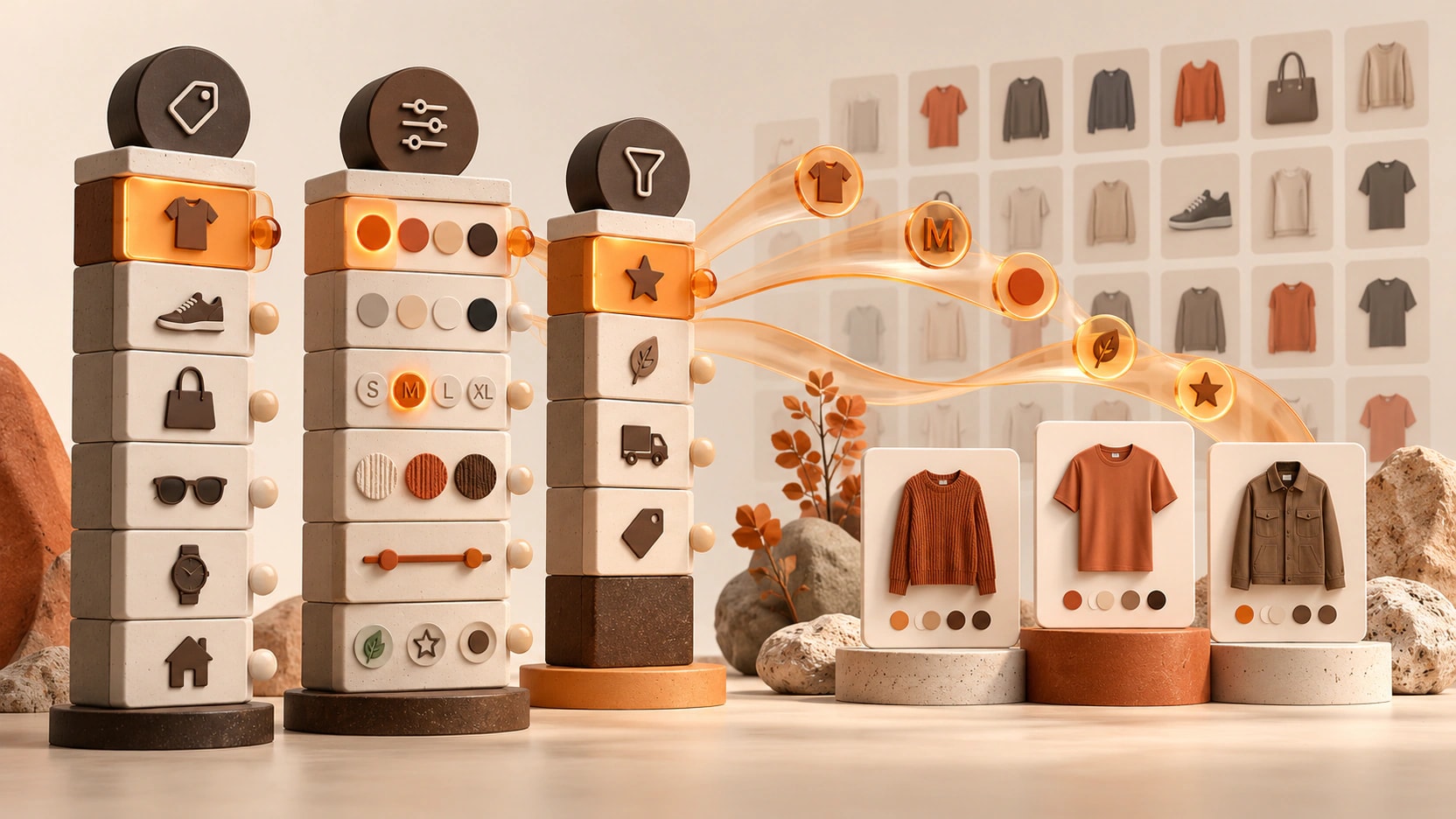 Three orange and ivory filter towers narrowing an abstract catalog into selected clothing products.