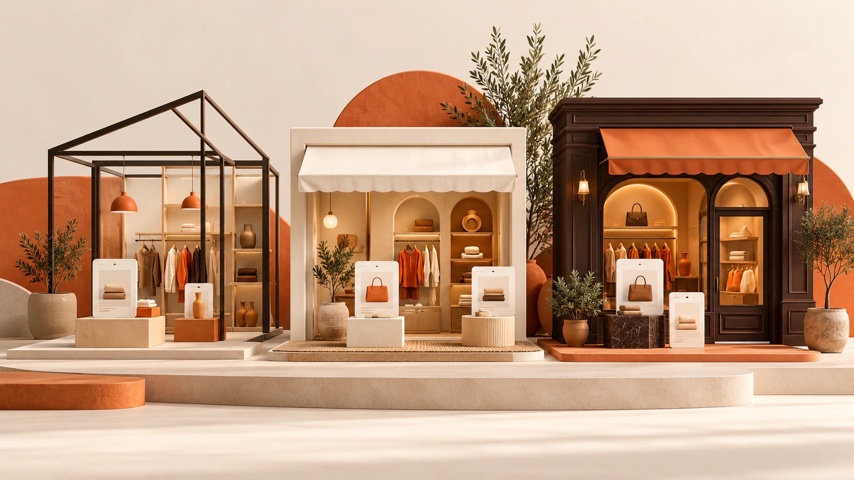 Three distinct miniature storefronts showing a minimalist framework, an ivory boutique and a detailed dark shopfront.